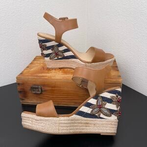 Antonio Melani Leather  Beaded Berry Leaves Espadrille Wedge Sandals 10M Tan